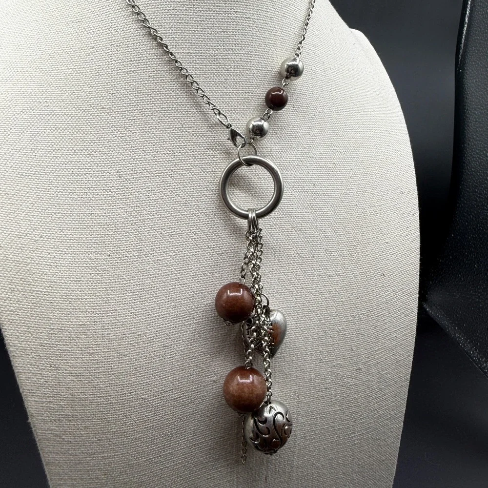 Silver Tone Brown Bead Tassel Necklace Heart Charm Circle Pendant Boho Jewelry